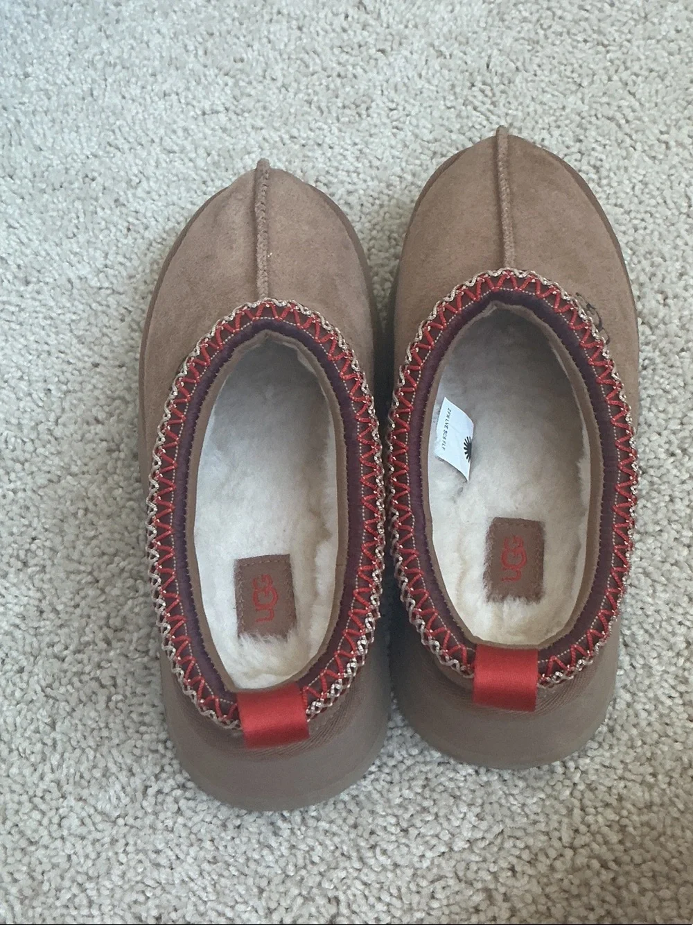 UGG Kids Tan Suede Slip-On Slippers with Red Trim